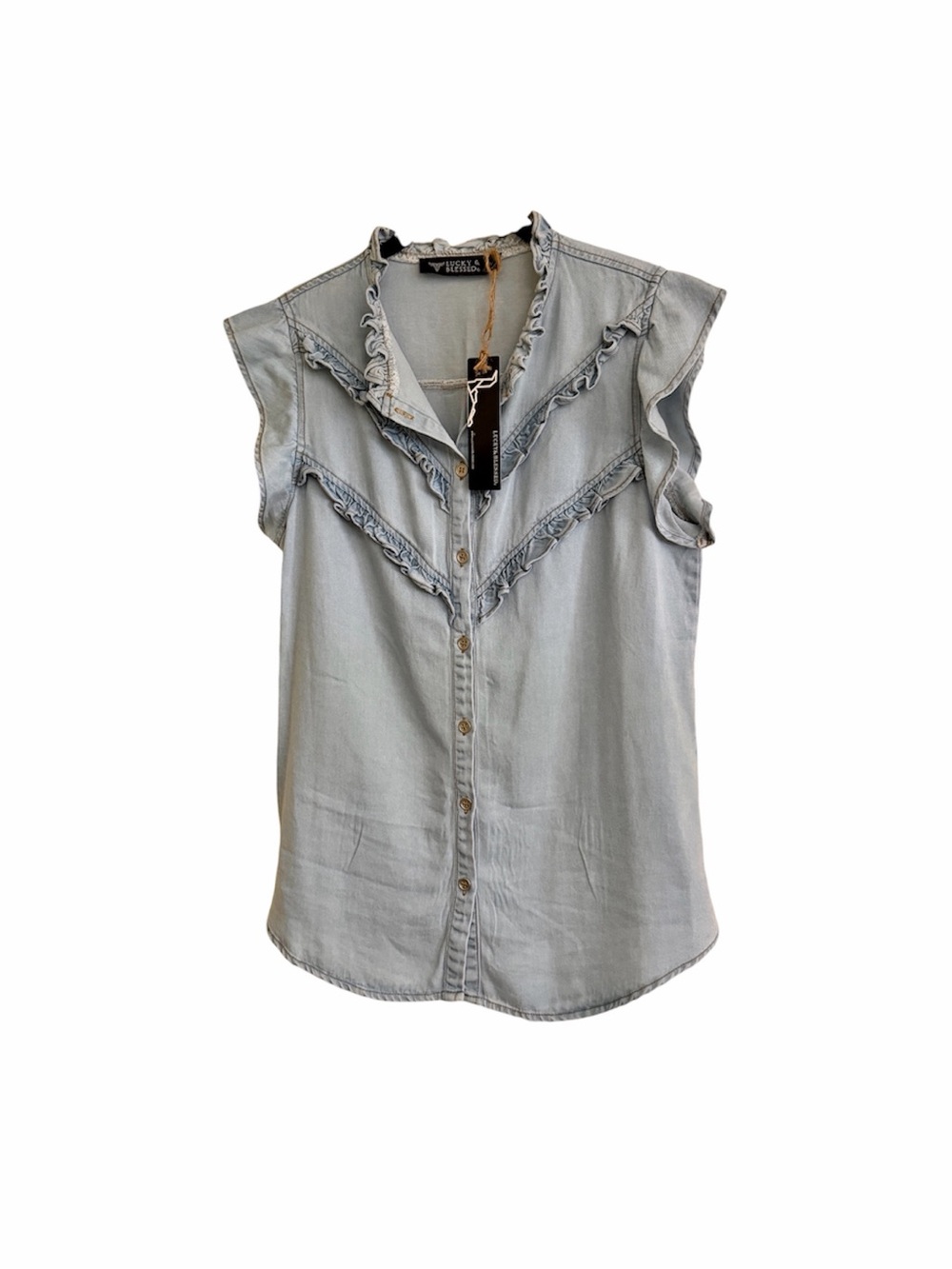 LUCKY & BLESSED, NWT, LIGHT-WASH DENIM BLOUSE. SIZE M - Picture 2 of 12